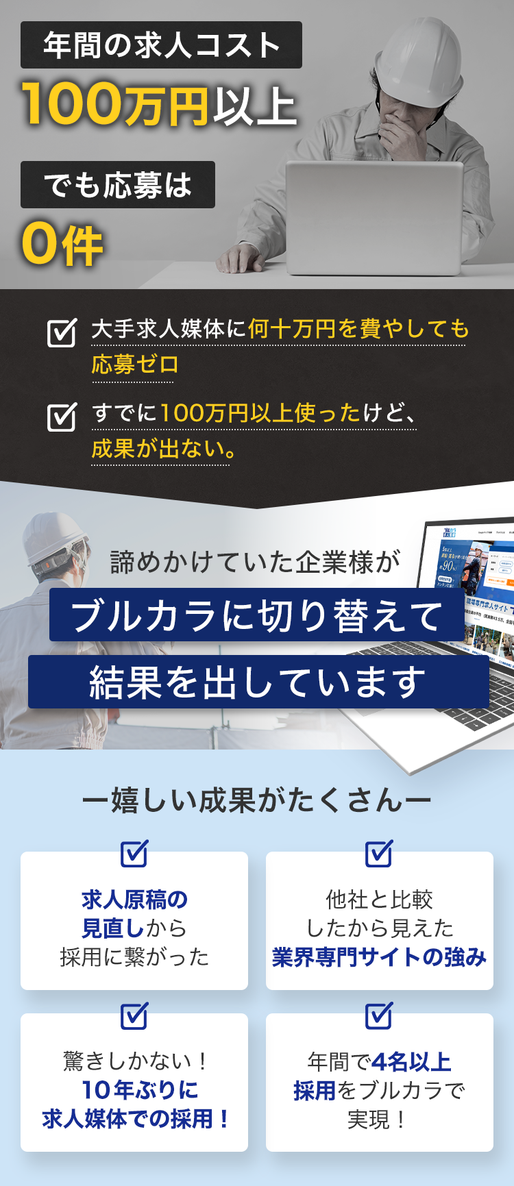 諦めかけていた企業様が、ブルカラに切り替えて結果を出しています。 | 建設業専門求人サイト「ブルカラ」はWEB・ネット検索に強い！求人掲載価格は？プランは？掲載期間は？あなたの採用活動をサポートいたします。