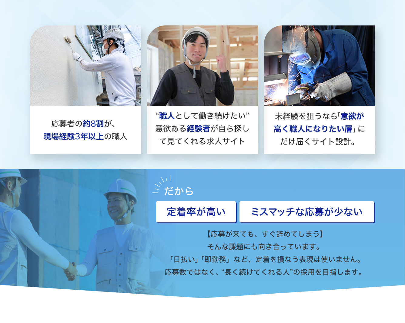 だから定着率が高い！ミスマッチな応募が少ない！| 建設業専門求人サイト「ブルカラ」はWEB・ネット検索に強い！求人掲載価格は？プランは？掲載期間は？あなたの採用活動をサポートいたします。